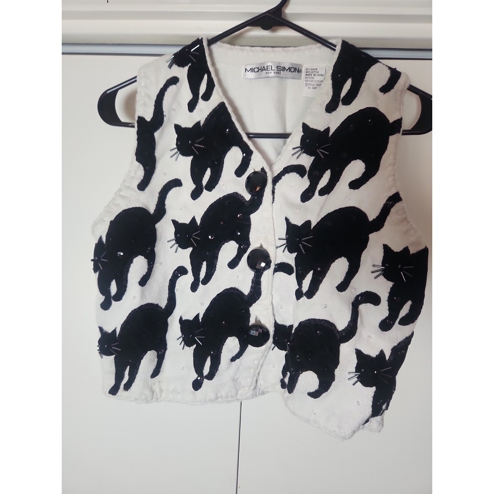 Vintage Michael Simon Black Cats Knit Vest Women's Small White/Black Halloween